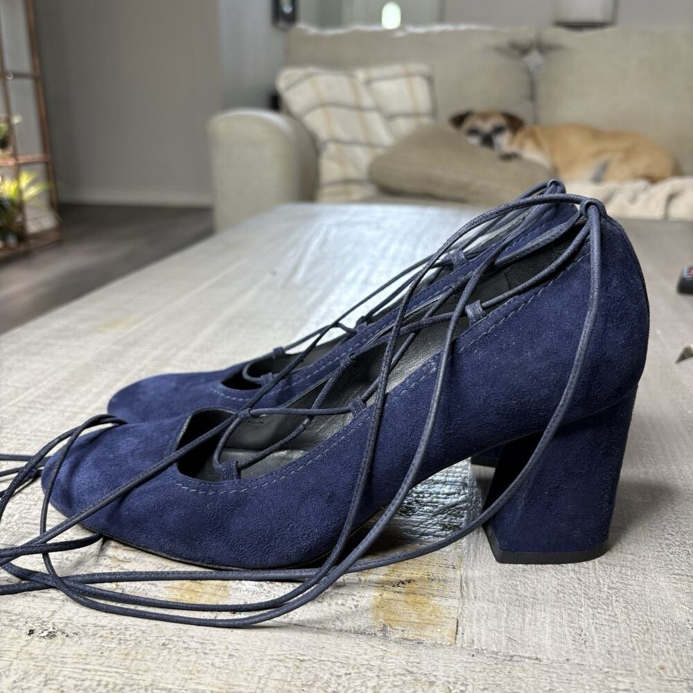 Stuart Weitzman Cordon Ballerina Suede Leather Pump Navy Blue 7.5 M